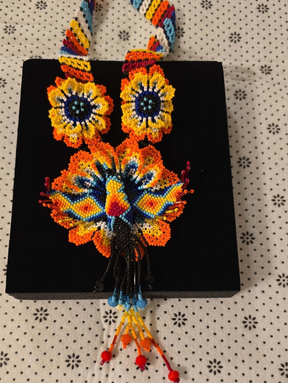 Handmade Vibrant Beaded Floral Statement Necklace - Yellow Orange Blue
